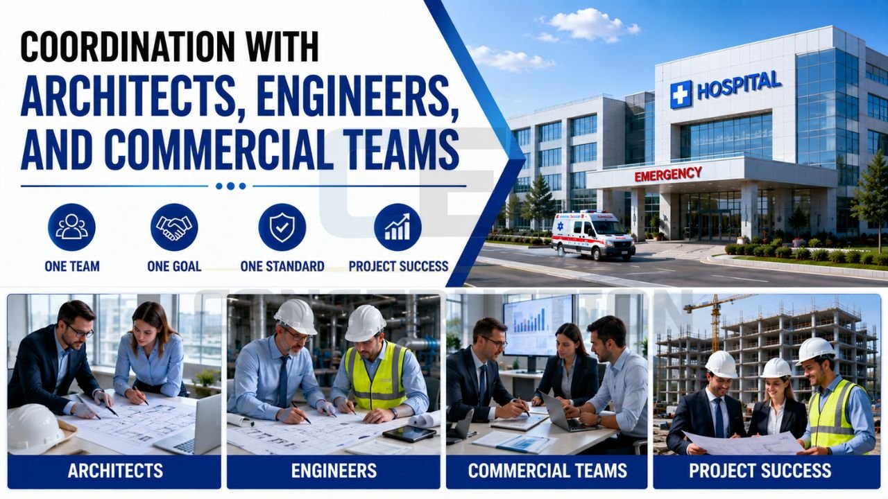 Hospital construction infographic showing collaboration between architects, engineers, commercial teams, and project stakeholders for successful healthcare facility development.