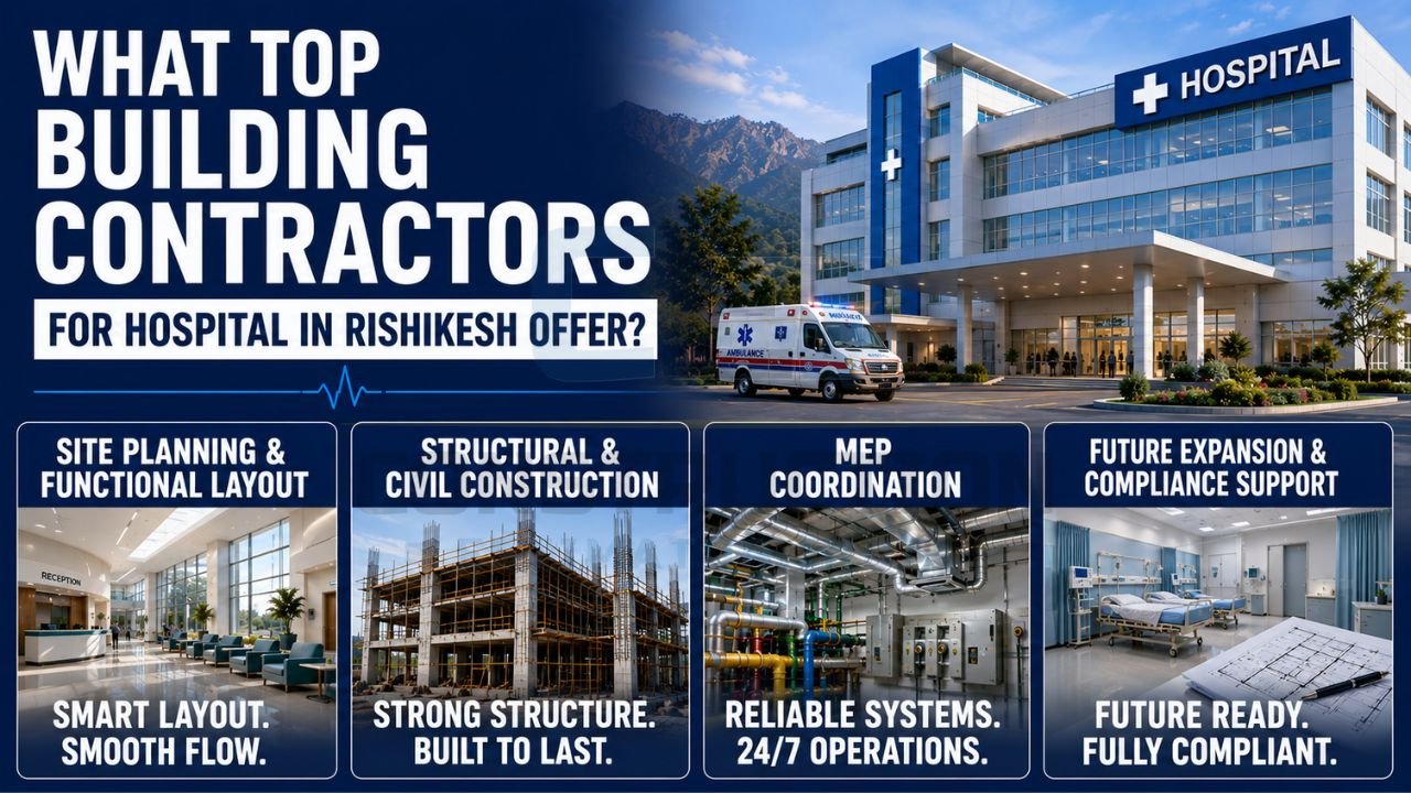 Hospital construction services infographic featuring site planning, structural construction, MEP coordination, and healthcare compliance support.
