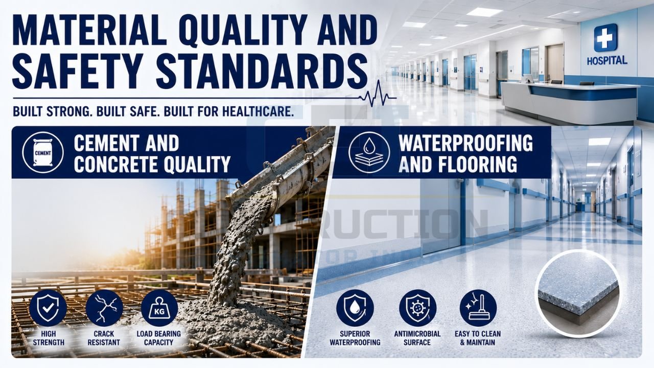 Hospital construction material quality infographic featuring concrete strength, waterproofing systems, antimicrobial flooring, and healthcare safety standards.