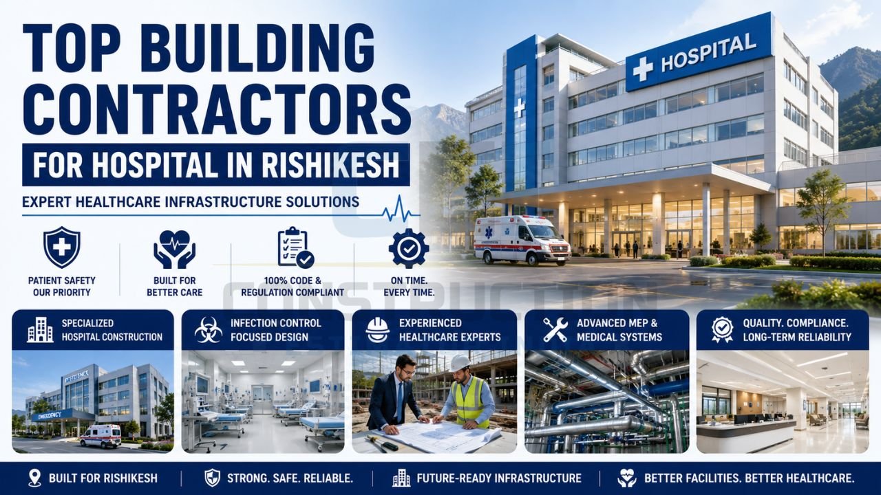Professional hospital building contractors in Rishikesh delivering healthcare infrastructure, medical systems integration, infection control design, and regulatory compliance.