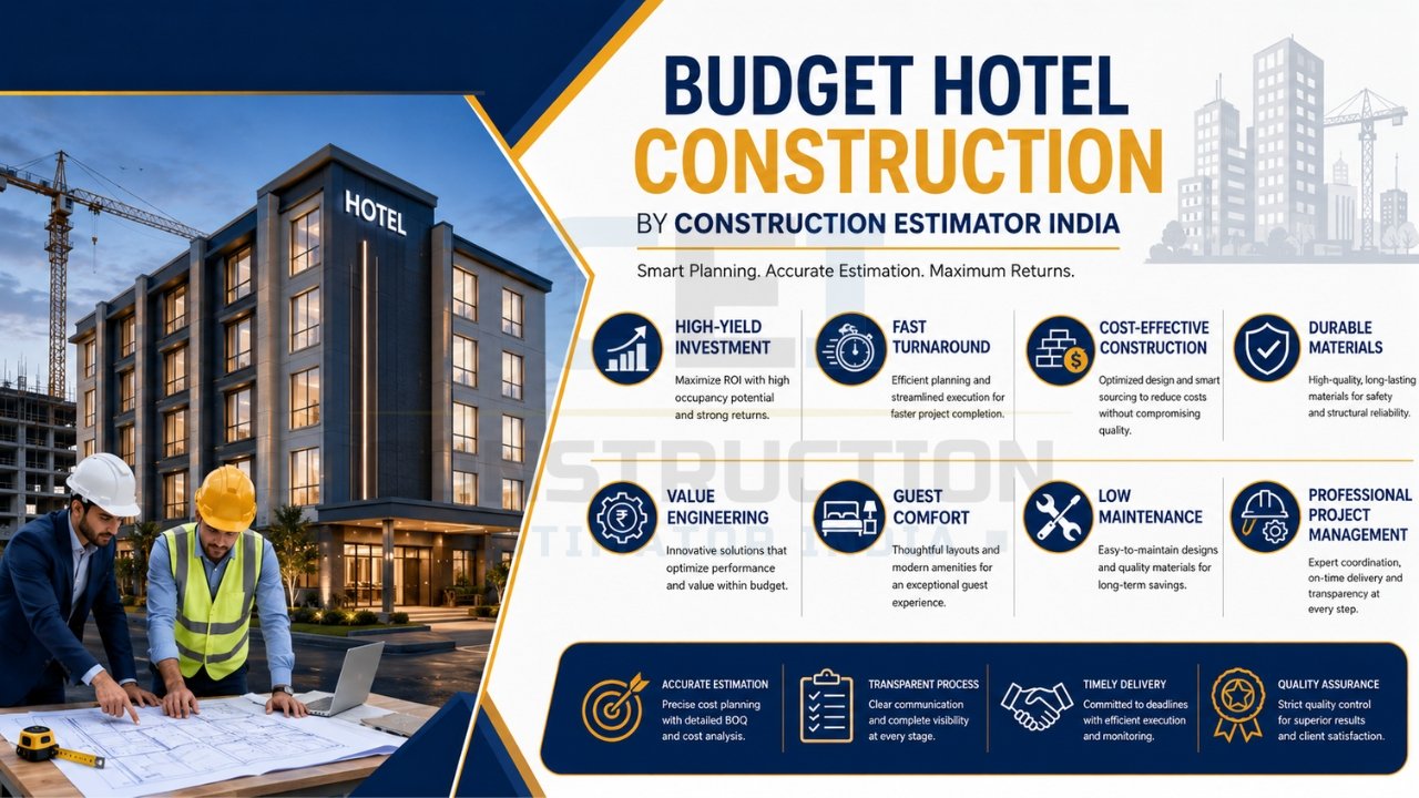 Budget hotel construction infographic highlighting cost-effective design, high ROI, guest comfort, value engineering, project management, and quality assurance.
