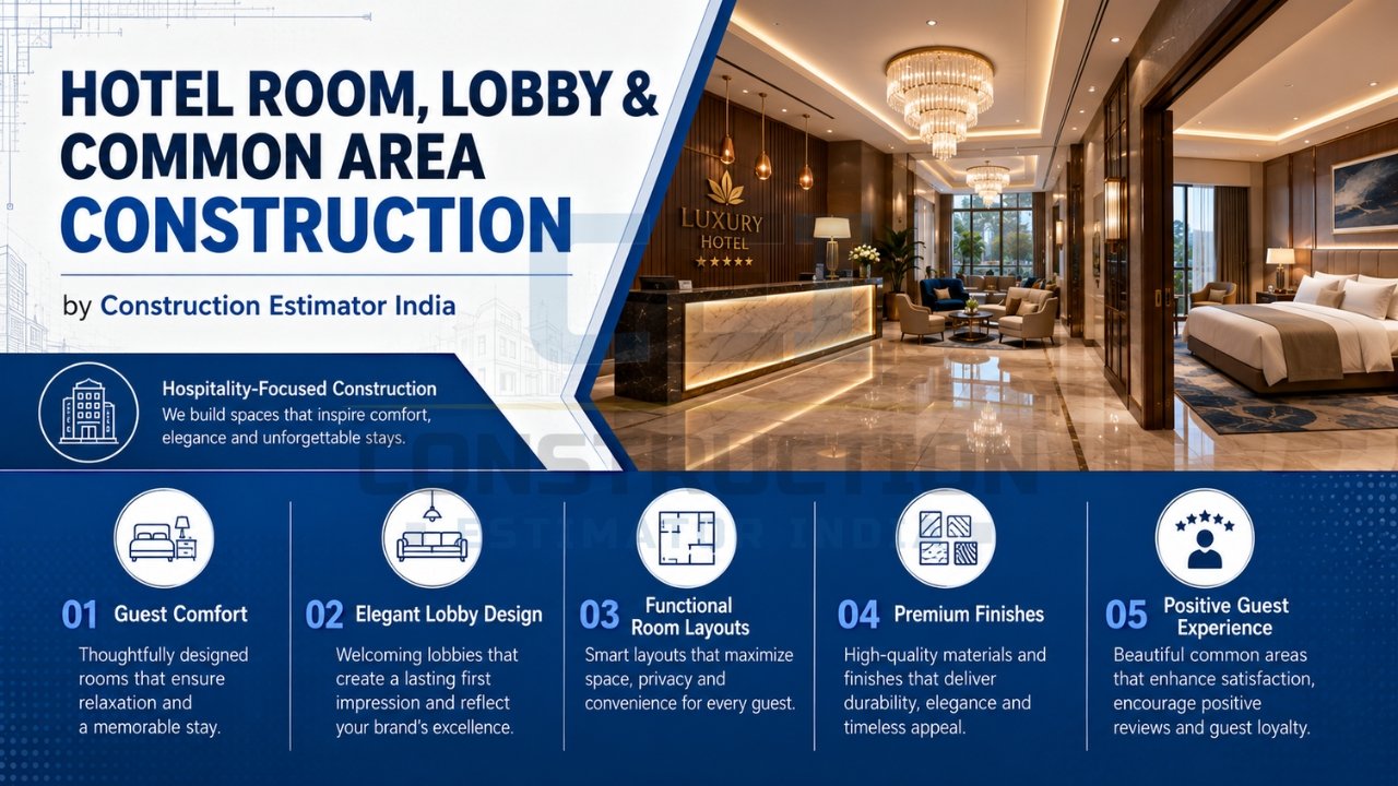 Luxury hotel lobby and guest room construction with premium interior finishes and modern hospitality design.