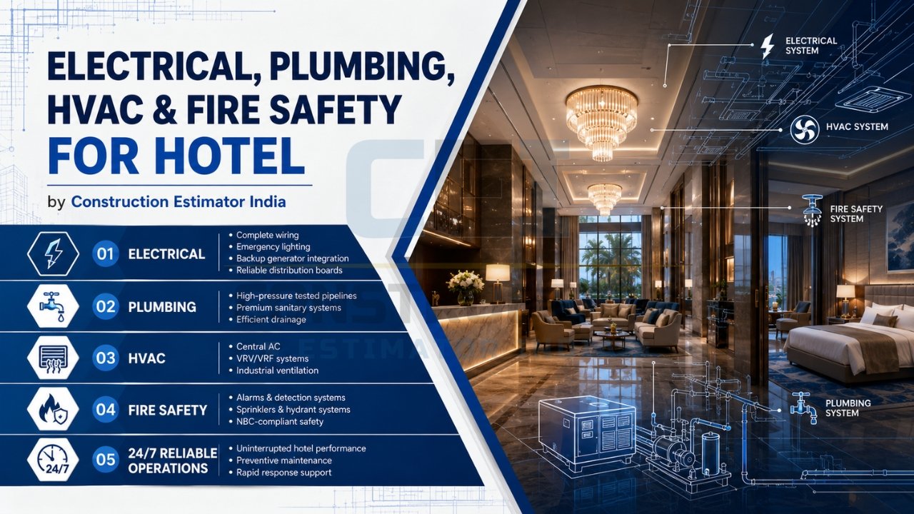 Hotel electrical, plumbing, HVAC, and fire safety systems integrated into luxury hospitality construction.