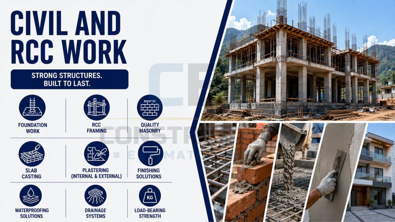 Civil and RCC construction infographic showing foundation work, RCC framing, masonry, slab casting, plastering, waterproofing, drainage systems, and finishing solutions.