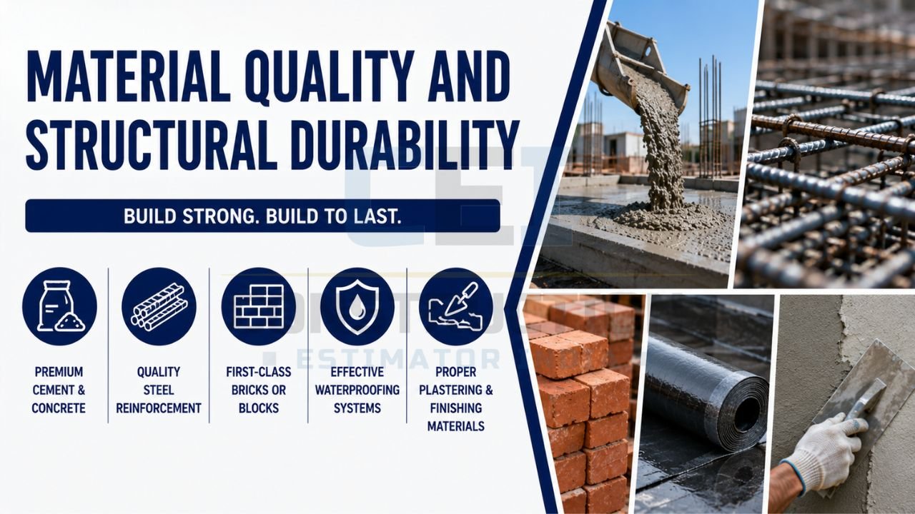 Construction material quality infographic featuring premium cement, steel reinforcement, bricks, waterproofing systems, and finishing materials for durable structures.