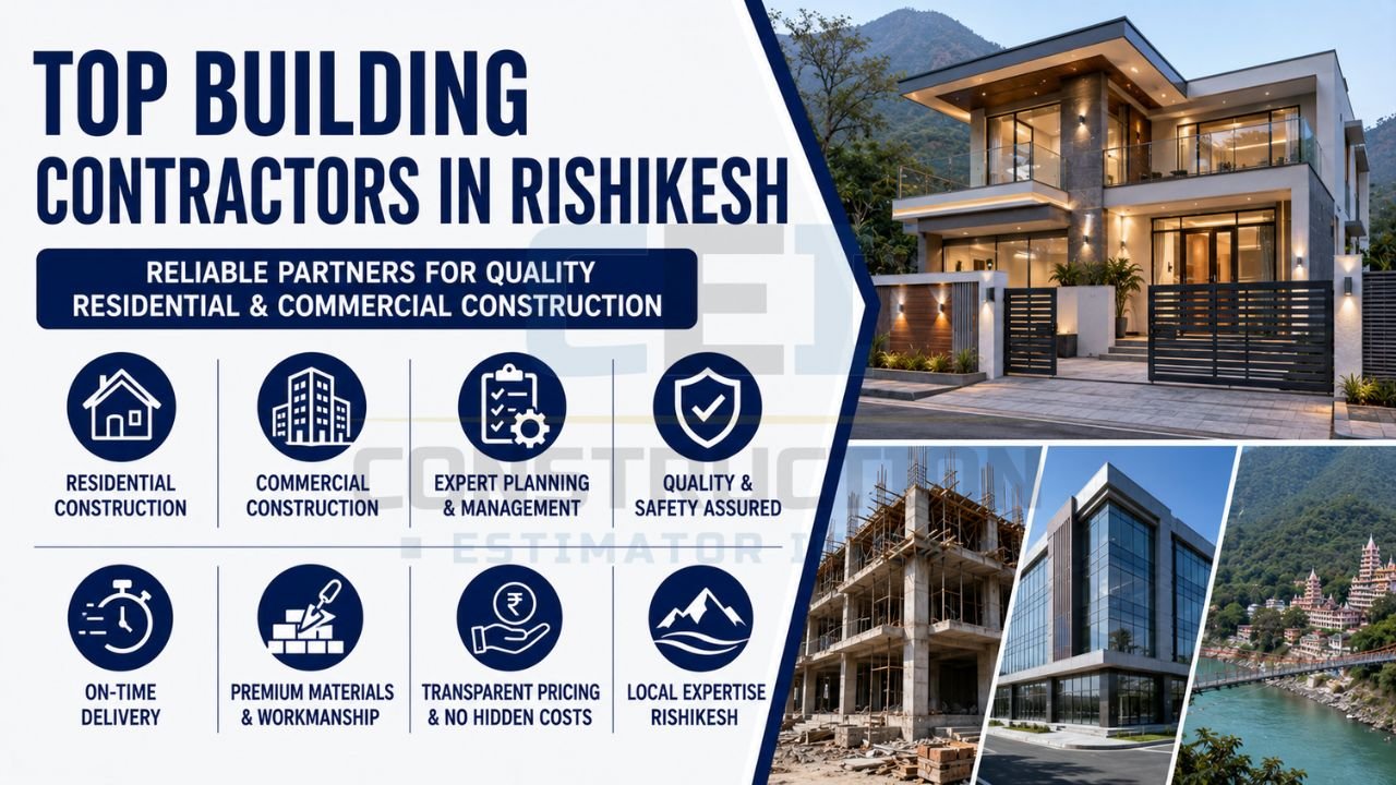 Building contractors in Rishikesh infographic featuring residential construction, commercial projects, project management, premium materials, transparent pricing, and local expertise.