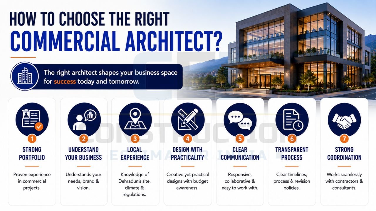 Checklist for selecting a commercial architect including portfolio review, business understanding, local expertise, communication, transparency, and coordination.