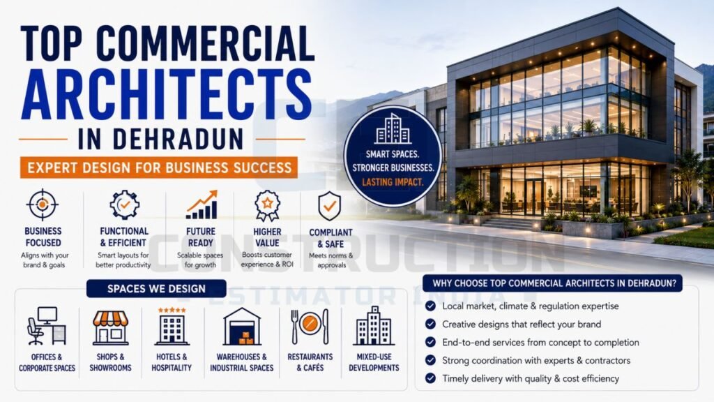 Top commercial architects in Dehradun offering business-focused design solutions for offices, hotels, restaurants, warehouses, retail spaces, and mixed-use developments.