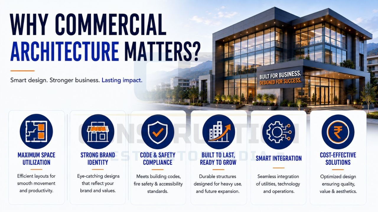 Benefits of commercial architecture including space optimization, brand identity, safety compliance, business growth, technology integration, and cost efficiency.