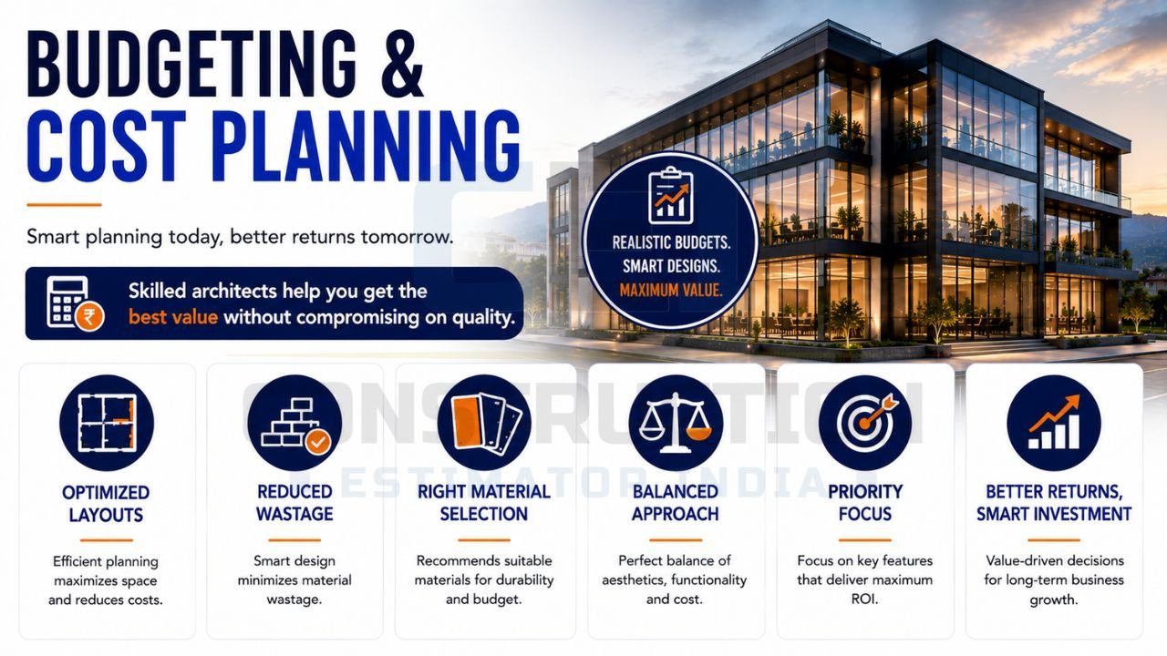 Budgeting and cost planning strategies showing optimized layouts, material selection, waste reduction, and value-driven construction decisions.