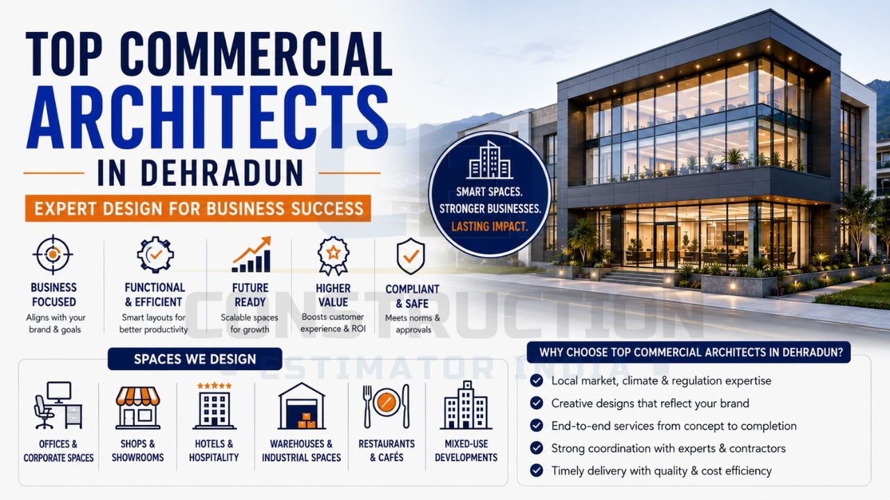 Top commercial architects in Dehradun offering business-focused design solutions for offices, hotels, restaurants, warehouses, retail spaces, and mixed-use developments.