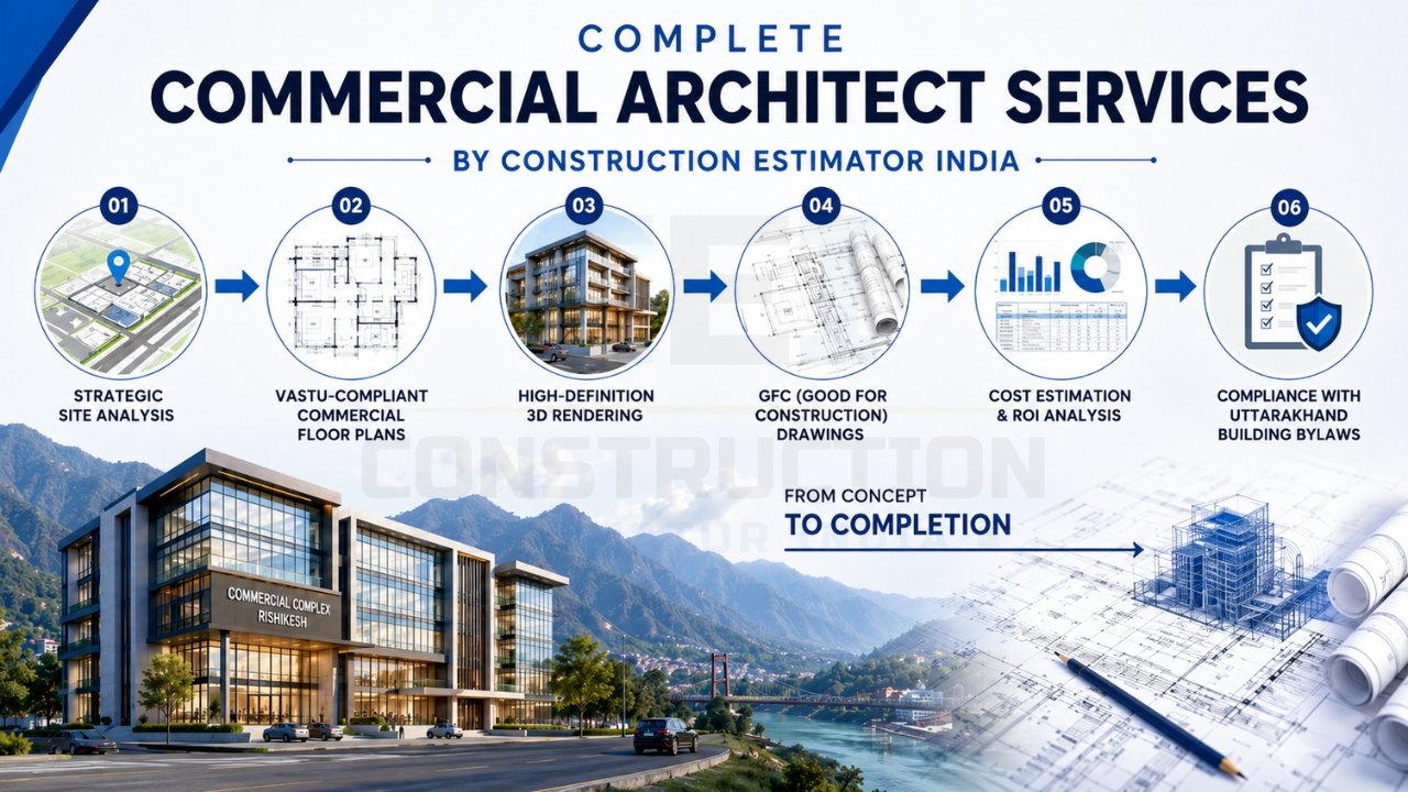 Commercial architect services including site analysis, floor planning, 3D rendering, construction drawings, cost estimation, and building compliance.