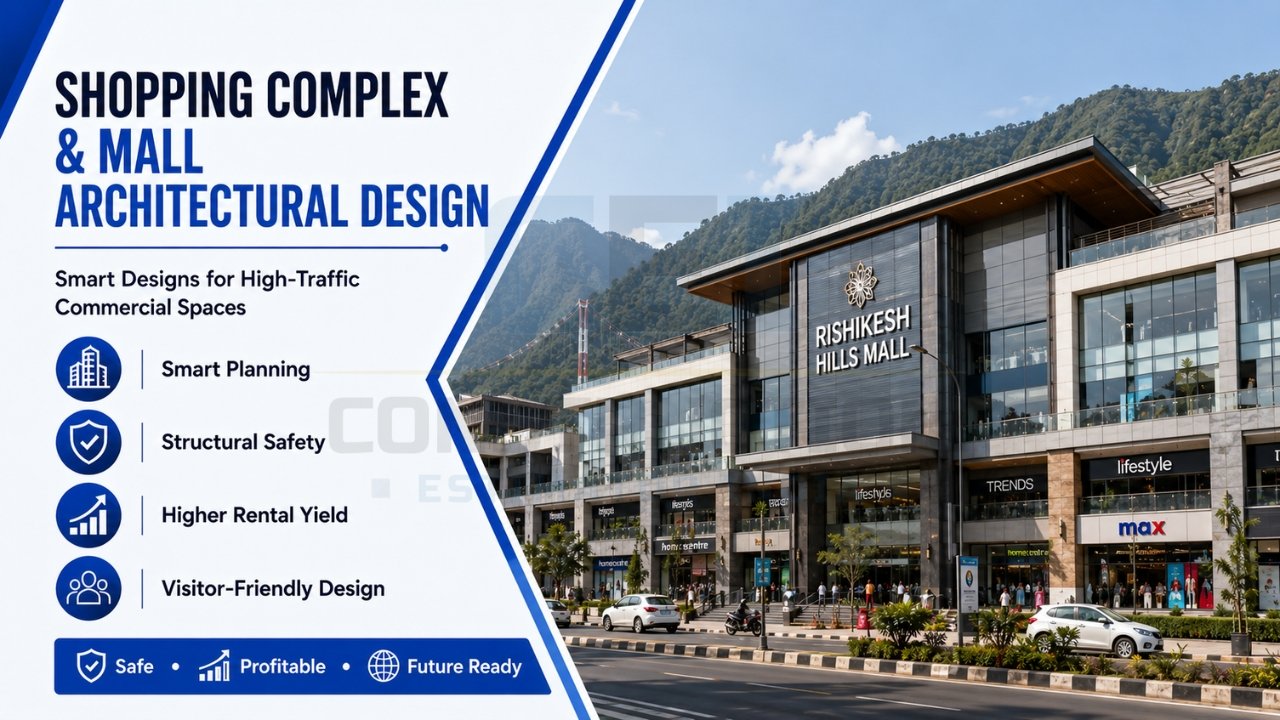 Shopping complex and mall architectural design services with smart planning, structural safety, visitor-friendly layouts, and high-traffic commercial space design.