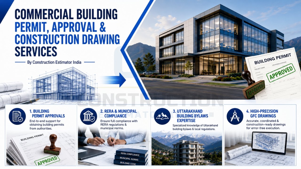 Commercial building permit approval, RERA compliance, construction drawings, and building bylaw consulting services for commercial projects.