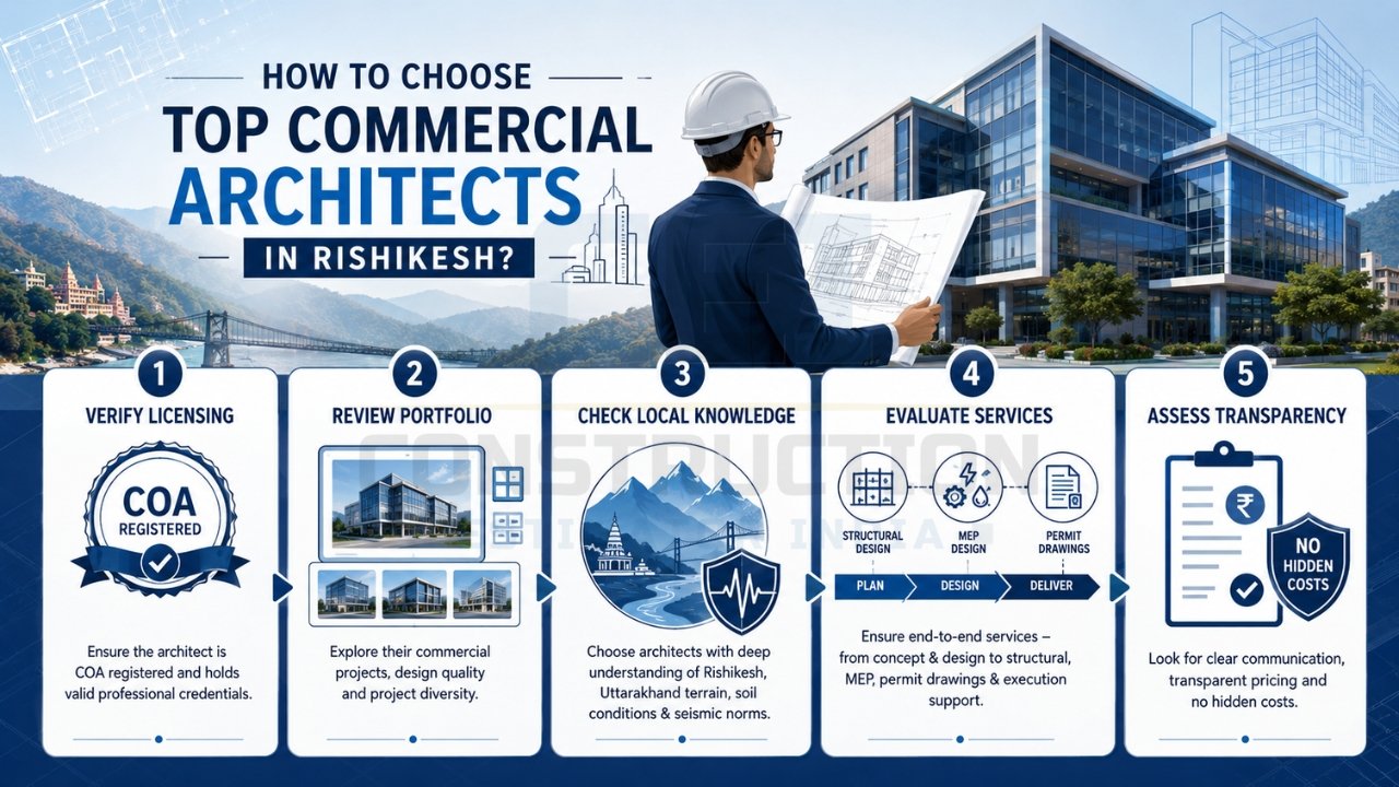How to choose top commercial architects in Rishikesh with licensing verification, portfolio review, local expertise, service evaluation, and transparent pricing.