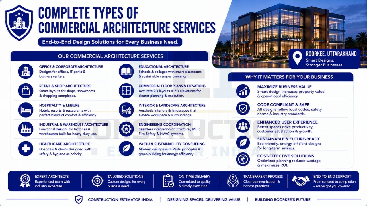 Commercial architecture services infographic featuring office, retail, hospitality, industrial, healthcare, educational, interior, and sustainability-focused architectural solutions.