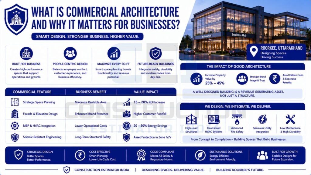 Commercial architecture infographic explaining business benefits such as ROI growth, operational efficiency, energy savings, compliance, and future-ready building design.