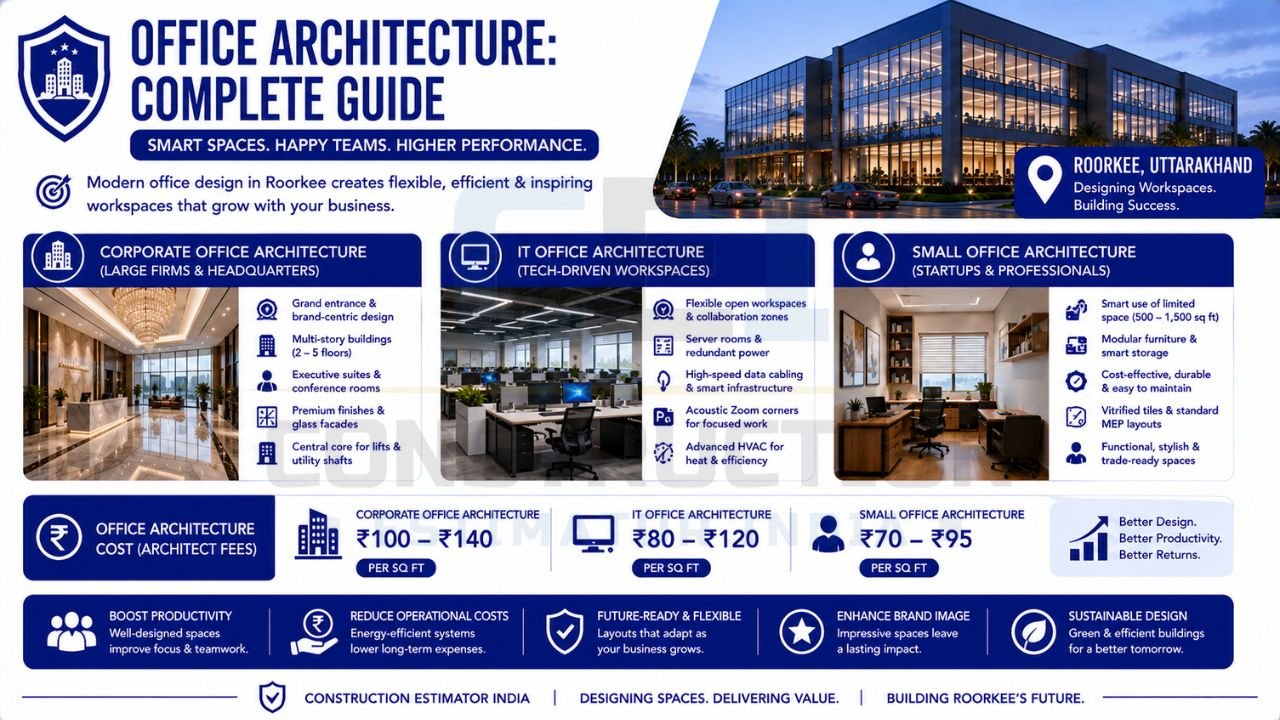 Office architecture infographic featuring corporate offices, IT office spaces, startup offices, design features, and architect fee ranges in Roorkee.