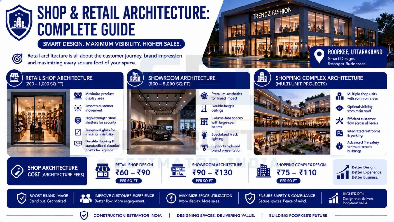 Retail architecture infographic showing shop design, showroom architecture, shopping complex planning, and architecture costs per square foot.