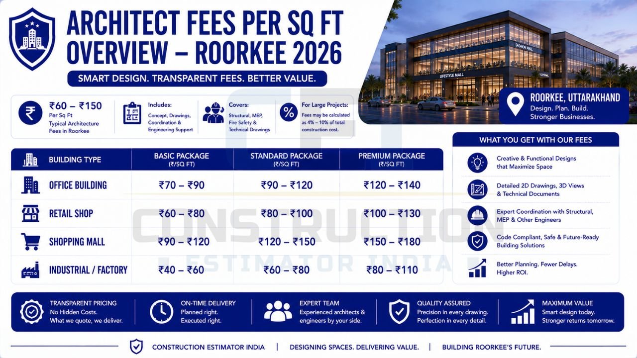 Architect fees per square foot infographic showing pricing for office buildings, retail shops, shopping malls, and industrial projects in Roorkee.