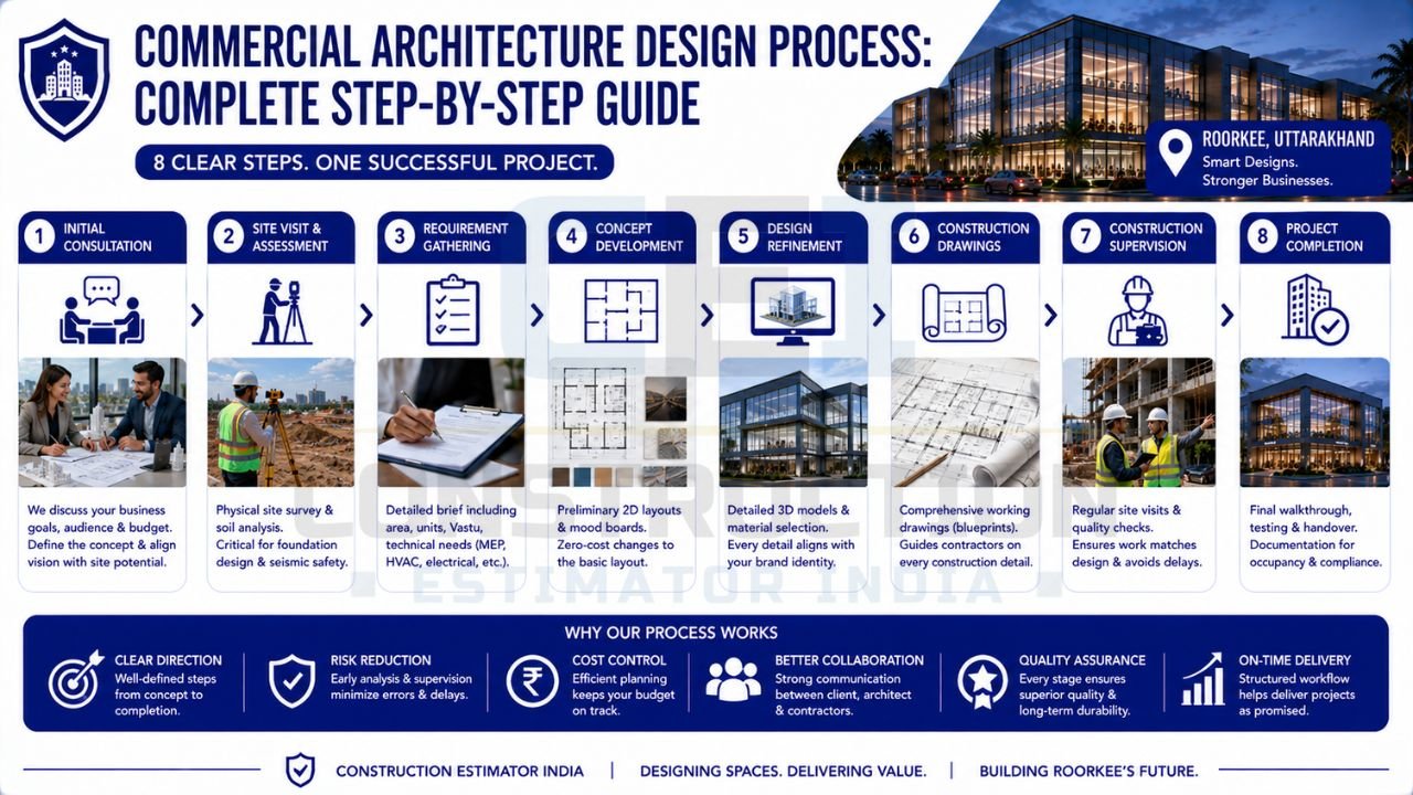 Commercial architecture design process infographic showing eight stages from consultation and site assessment to construction supervision and project completion.