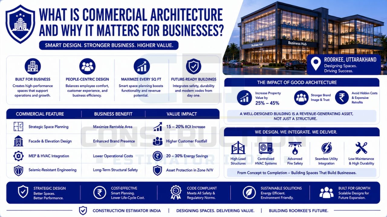 Commercial architecture infographic explaining business benefits such as ROI growth, operational efficiency, energy savings, compliance, and future-ready building design.