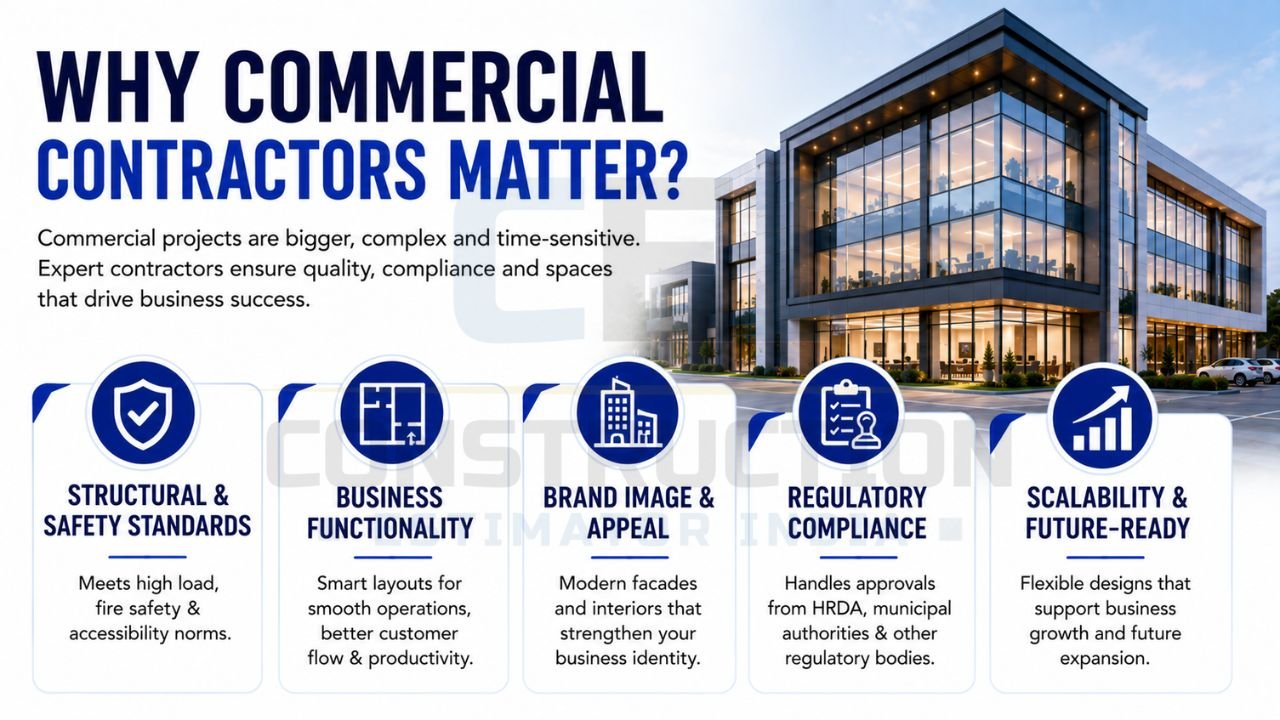 Benefits of hiring commercial contractors including structural safety, business functionality, regulatory compliance, brand appeal, and future-ready building design.