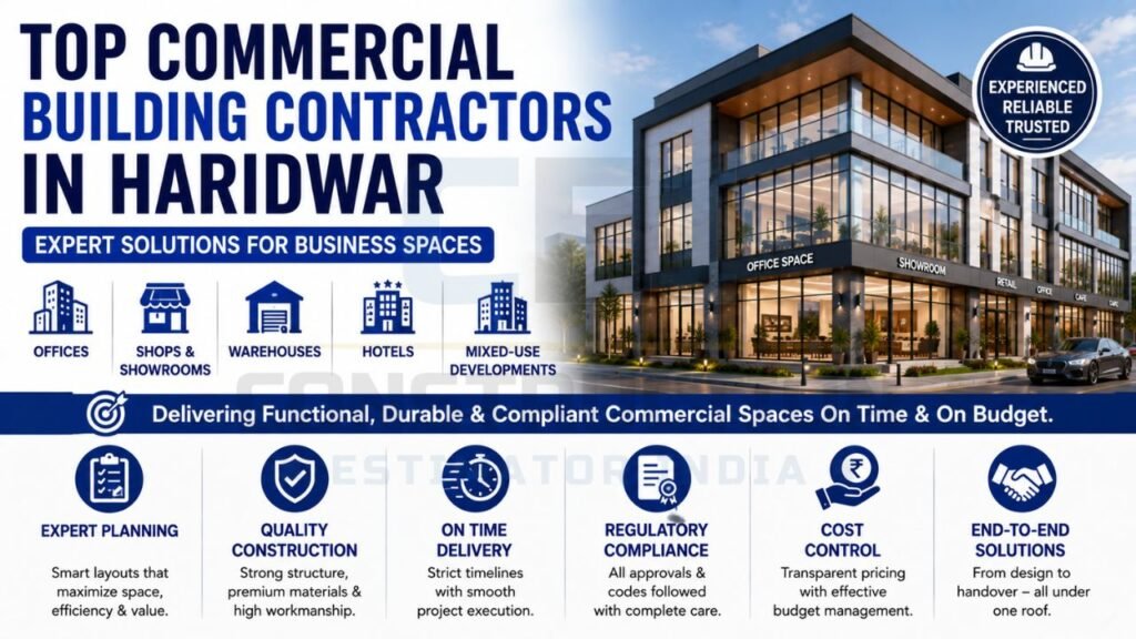 Top commercial building contractors in Haridwar offering office, showroom, warehouse, hotel, and mixed-use development construction services.