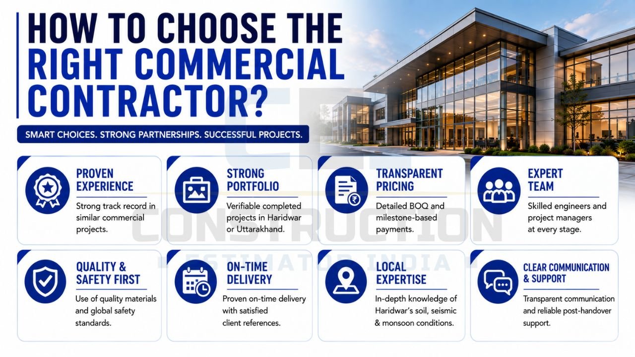 Commercial contractor selection guide featuring experience, portfolio, transparent pricing, expert teams, safety standards, local expertise, and project communication.