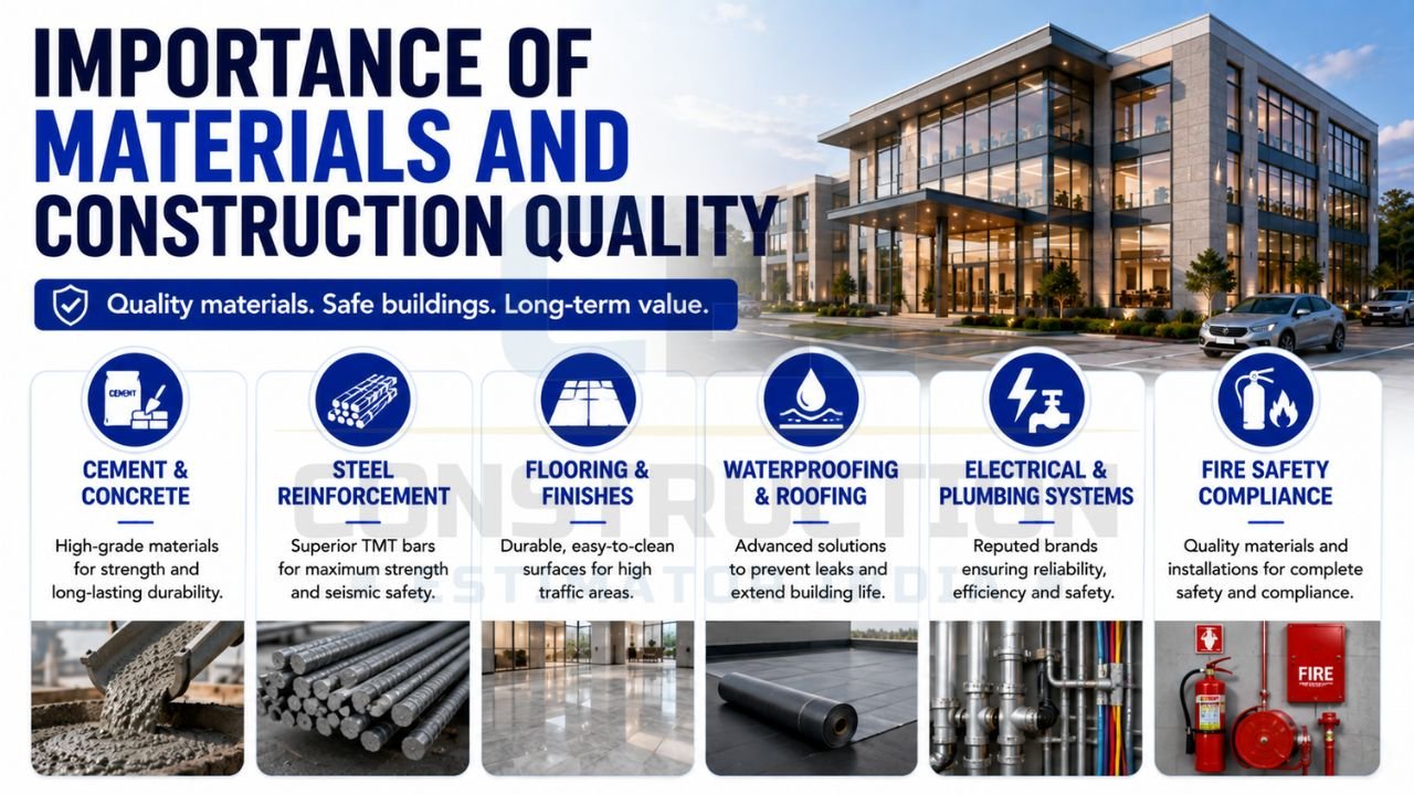 Construction quality guide showing cement, steel reinforcement, flooring, waterproofing, plumbing systems, and fire safety compliance for commercial buildings.