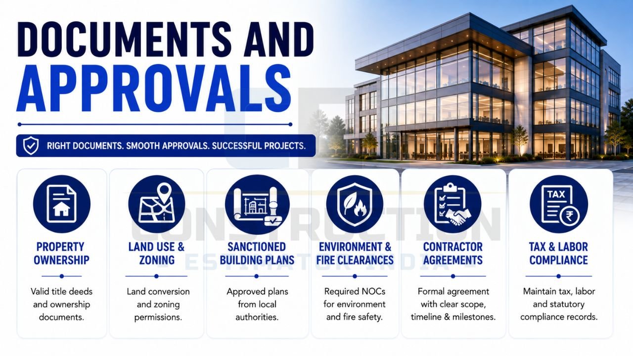 Commercial construction documents and approvals checklist including property ownership, zoning permissions, sanctioned plans, fire clearances, contractor agreements, and tax compliance.
