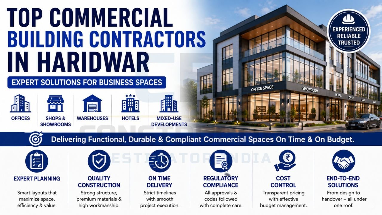 Top commercial building contractors in Haridwar offering office, showroom, warehouse, hotel, and mixed-use development construction services.