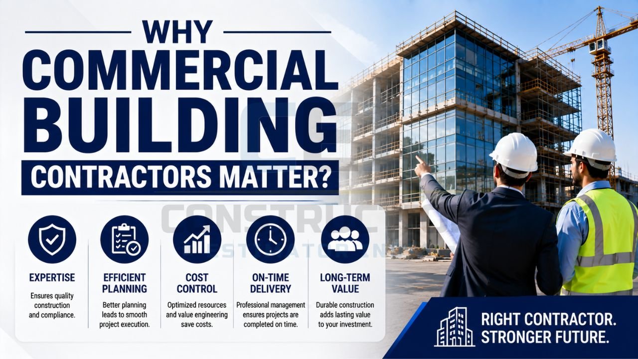 Commercial construction experts overseeing a building project with emphasis on quality, planning, cost control, timely completion, and long-term value.