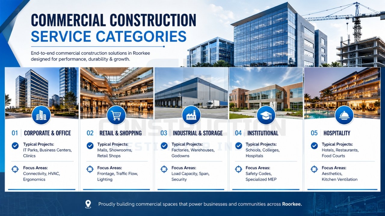 Commercial construction service categories infographic showing office, retail, industrial, institutional, and hospitality building projects.