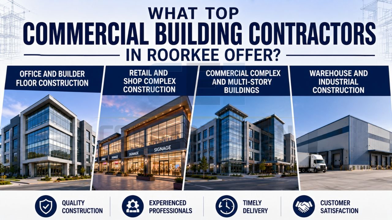 Modern office buildings, retail complexes, commercial developments, and industrial warehouses constructed by commercial contractors in Roorkee.