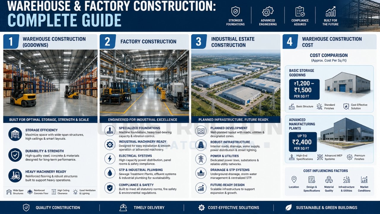 Warehouse and factory construction guide infographic covering warehouse, factory, industrial estate construction, and cost comparison.