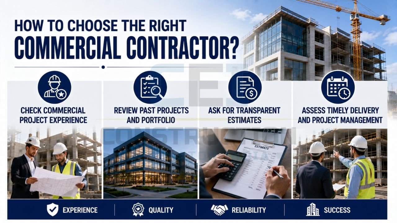 Commercial construction professionals reviewing project plans and evaluating contractor experience, portfolio, estimates, and project management capabilities.
