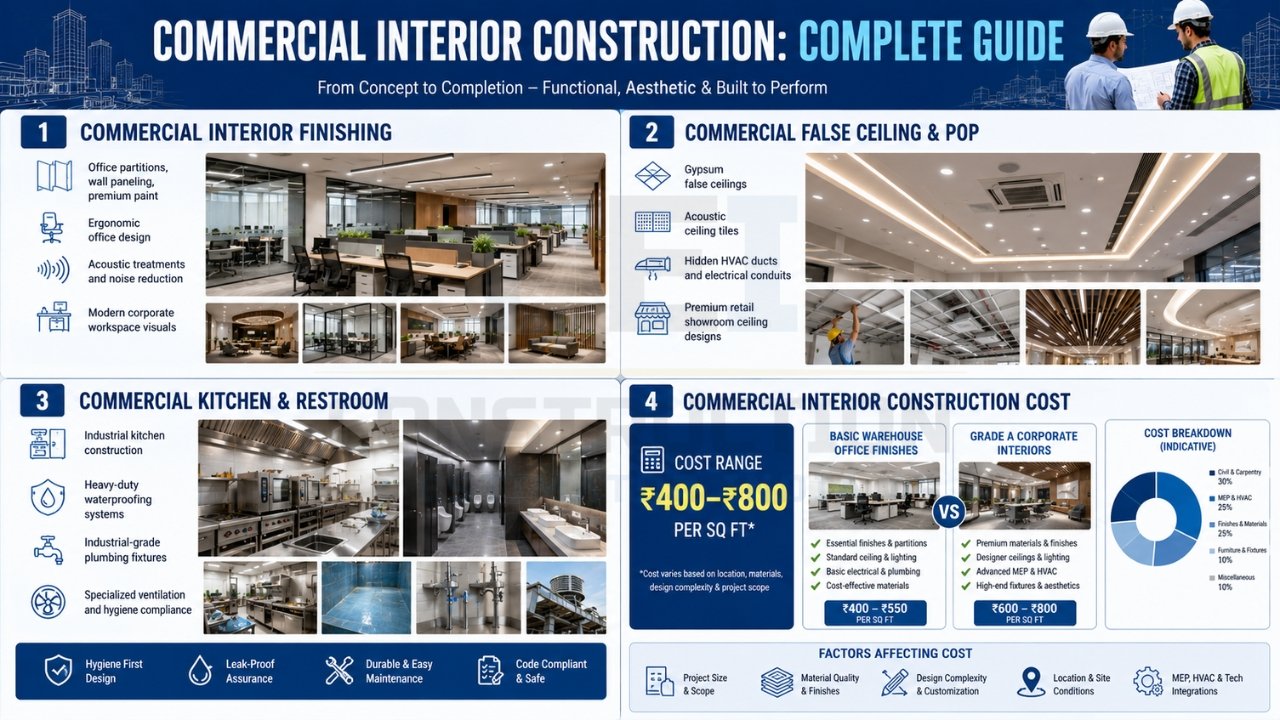 Commercial interior construction guide infographic covering office finishing, false ceilings, commercial kitchens, restrooms, and interior construction costs.