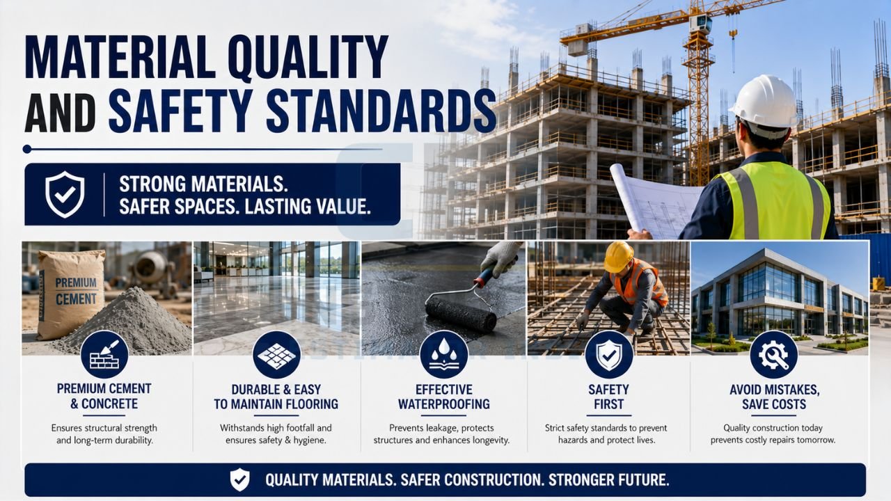 Commercial construction project highlighting premium materials, safety standards, waterproofing, durable flooring, and quality control measures.