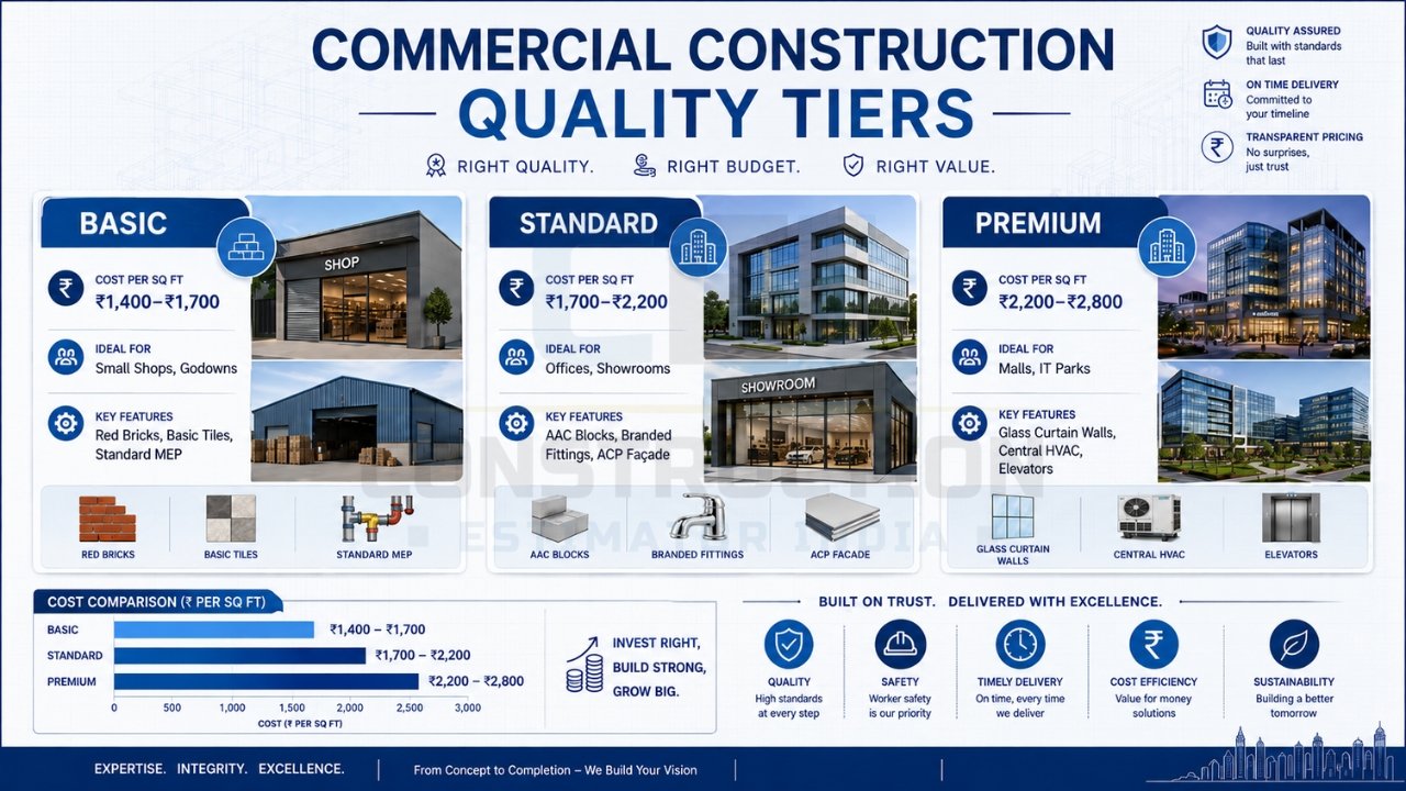 Commercial construction quality tiers infographic comparing basic, standard, and premium commercial building options with costs and features.
