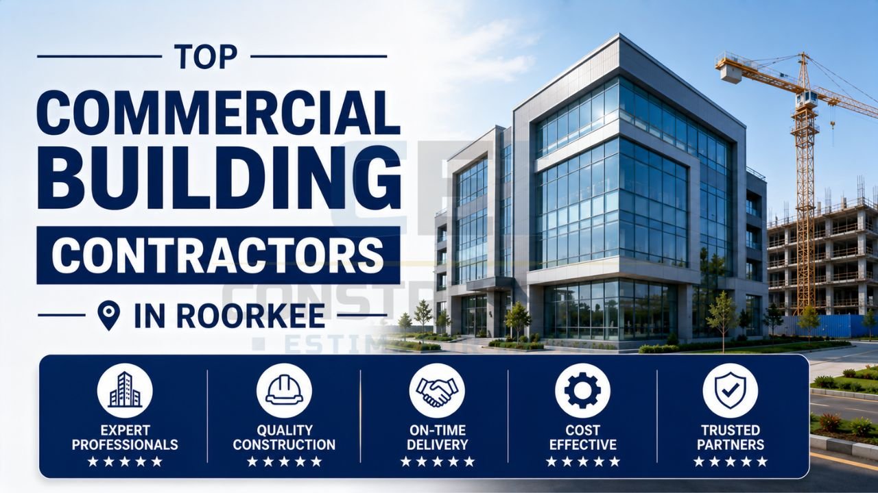 Modern commercial office building in Roorkee constructed by experienced commercial contractors with a focus on quality and timely delivery.