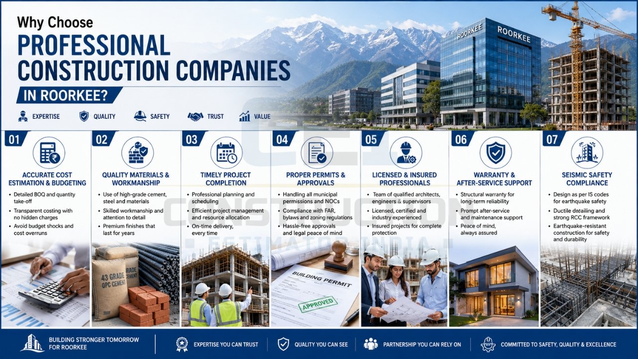 Professional construction company infographic highlighting cost estimation, quality materials, project completion, permits, licensed professionals, warranty, and seismic safety.