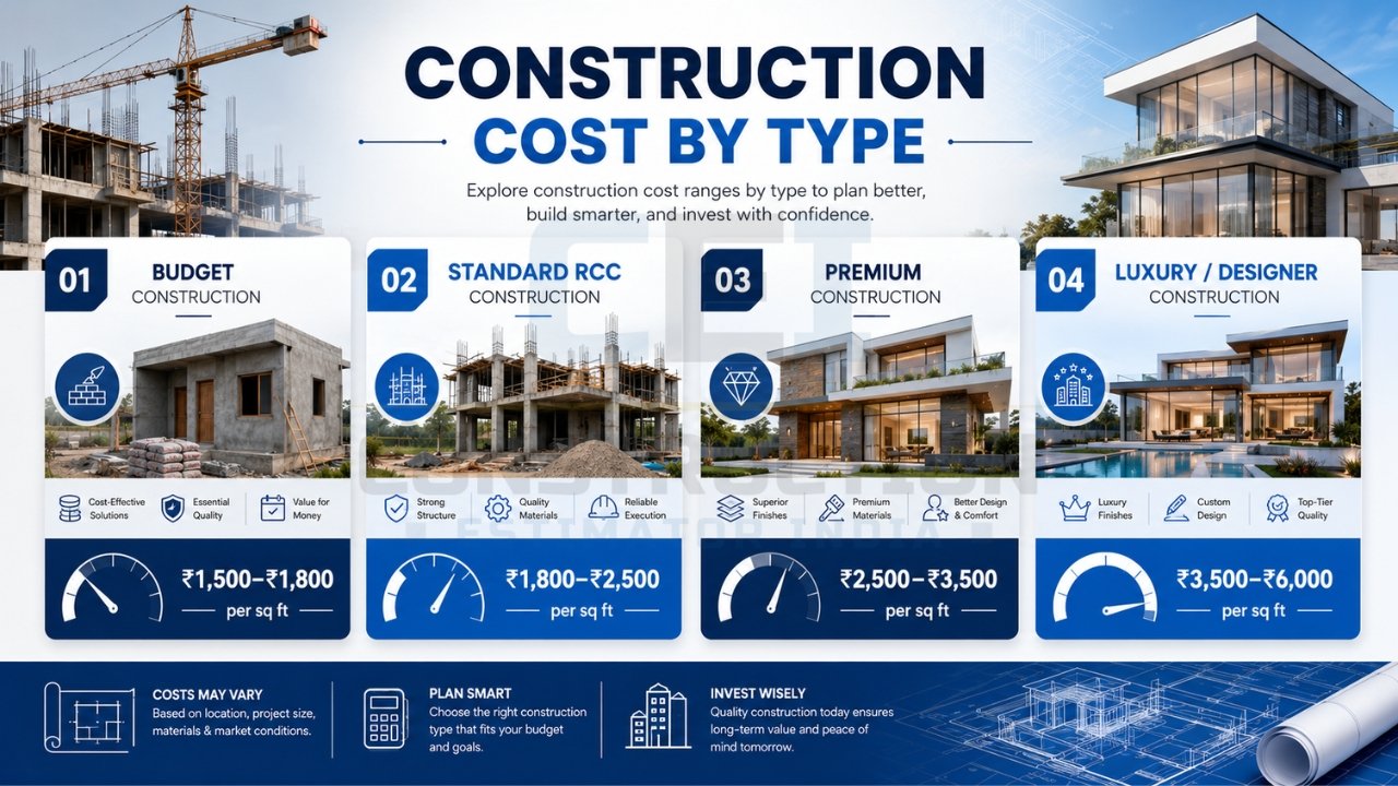 Construction cost by type infographic comparing budget, standard RCC, premium, and luxury construction costs per square foot.