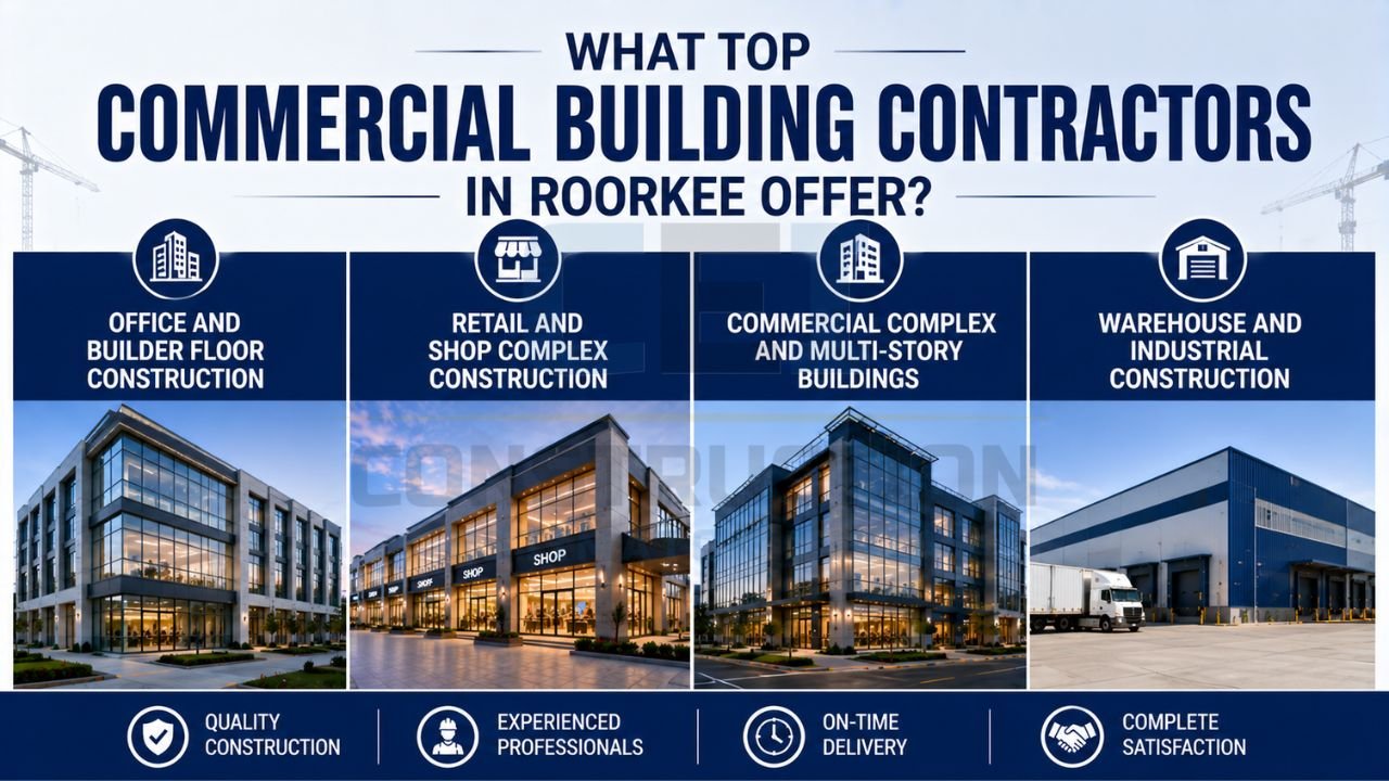 Modern commercial buildings including office spaces, retail complexes, multi-story structures, and industrial warehouses.