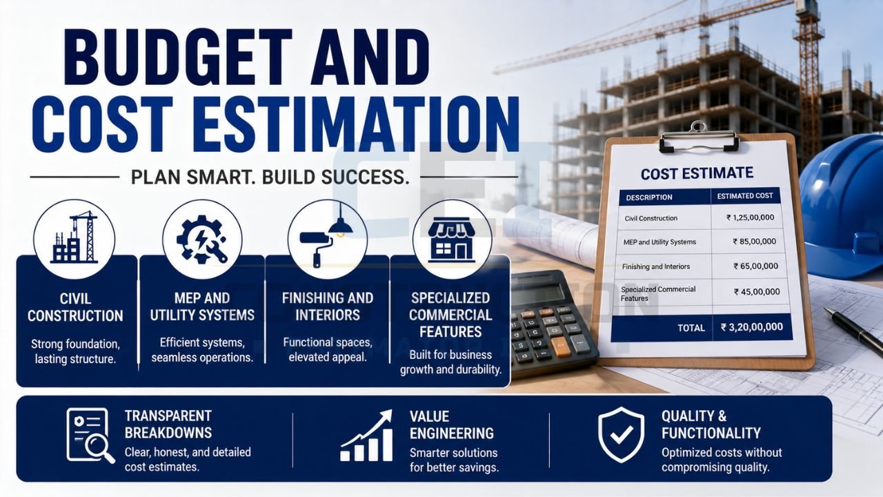 Construction cost estimate sheet, calculator, safety helmet, and project plans used for commercial project budgeting.