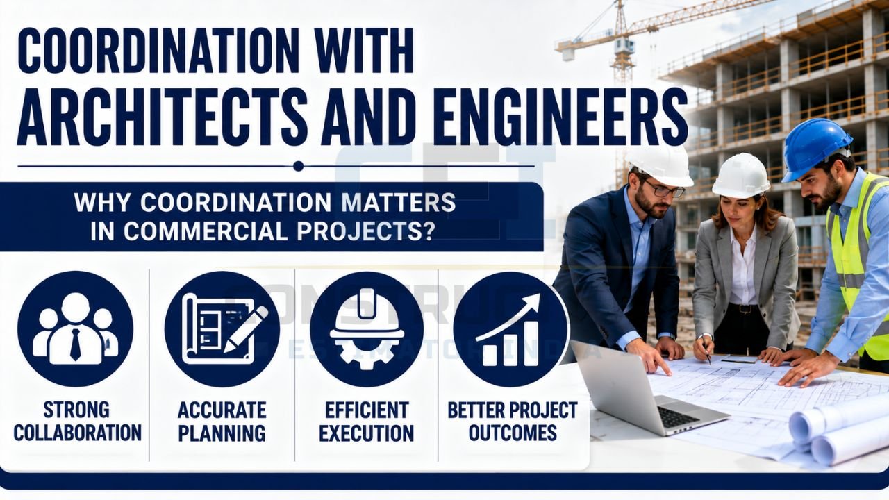 Construction professionals, architects, and engineers reviewing project blueprints together at a commercial building site.