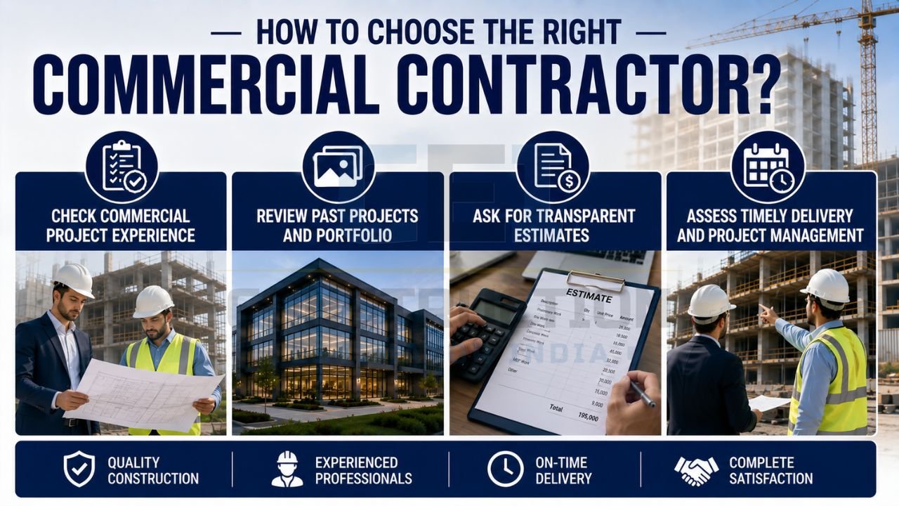 Modern commercial buildings including office spaces, retail complexes, multi-story structures, and industrial warehouses.