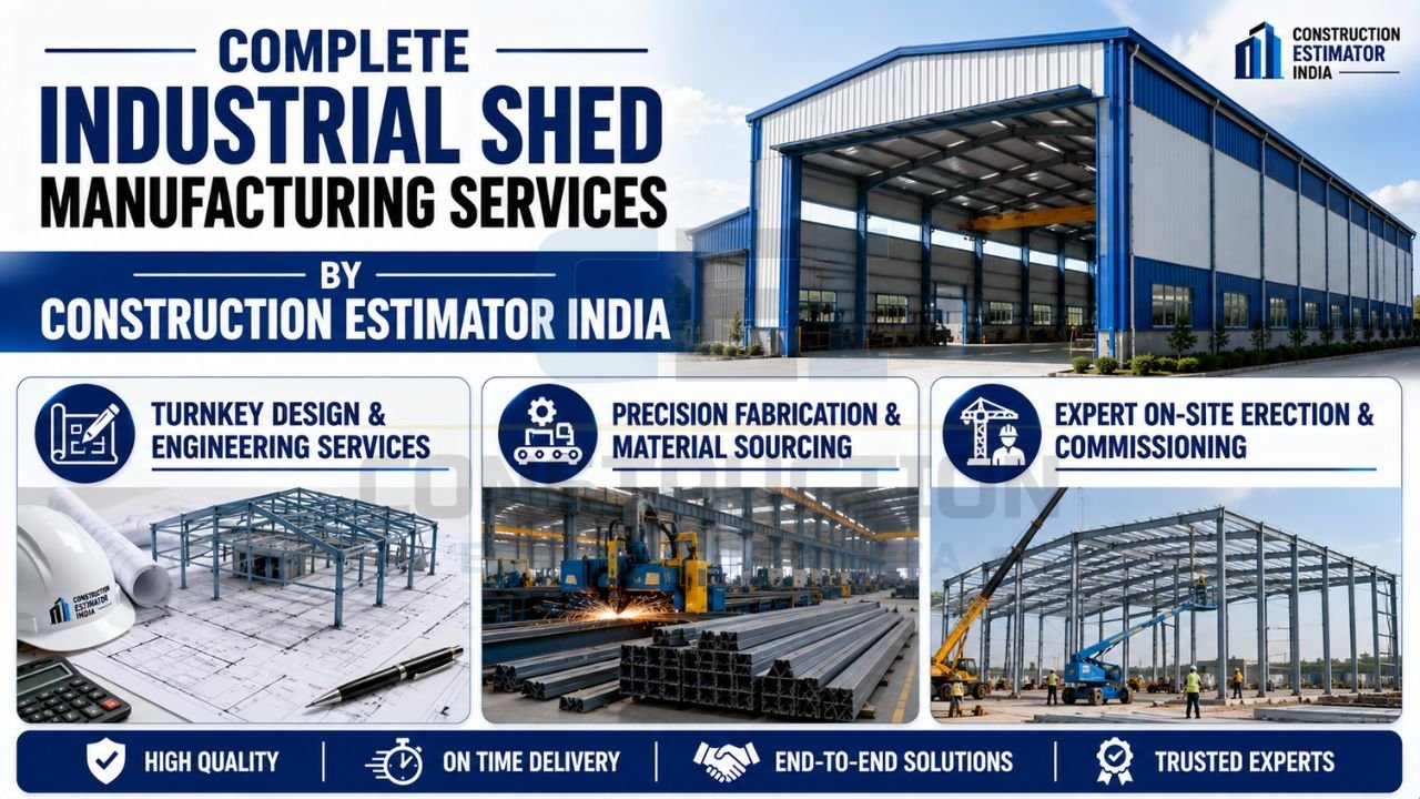 Industrial shed manufacturing process showing design, fabrication, and on-site erection services.