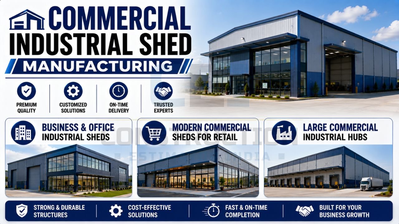 Modern commercial industrial shed with office spaces and large operational areas.