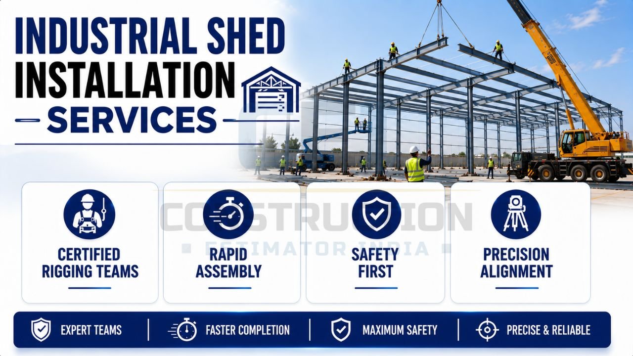 Workers assembling a steel industrial shed structure with cranes and lifting equipment during installation.
